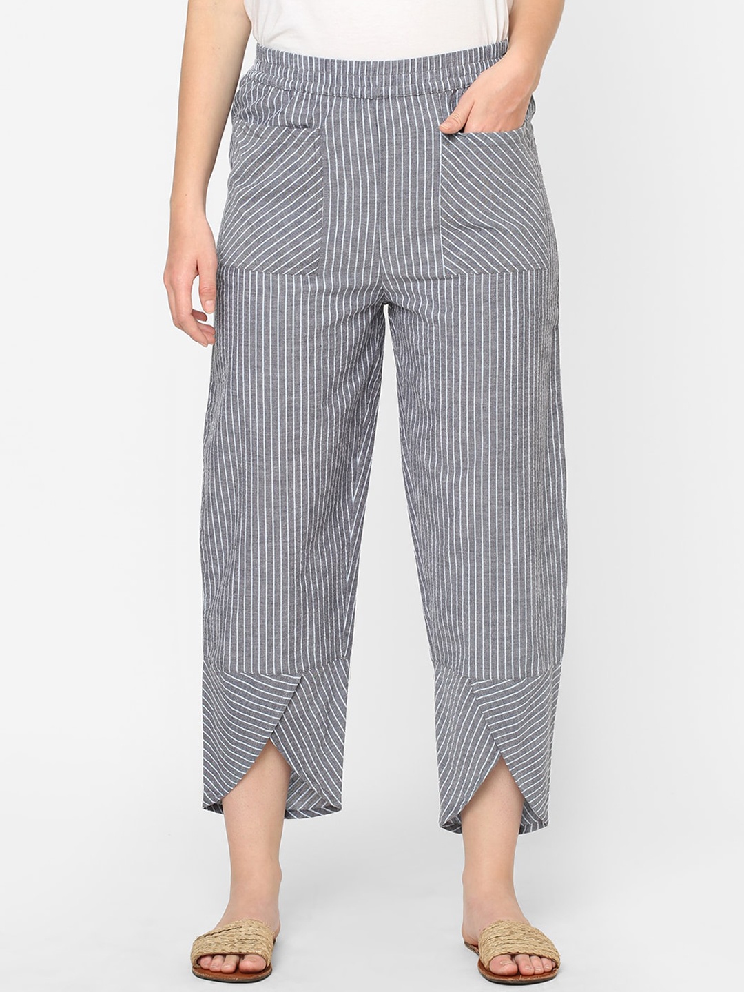 

Mystere Paris Women Grey & White Striped Cotton Lounge Pant