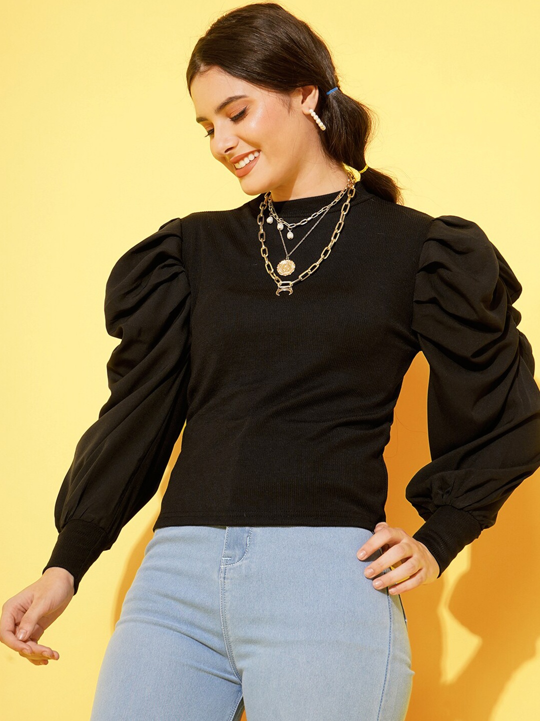 

Purple Feather Black Bishop Sleeves Top
