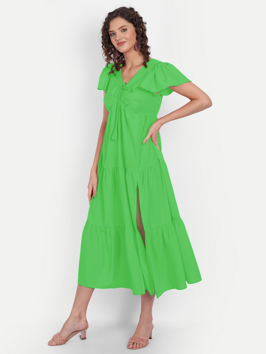 

MINGLAY Green Crepe A-Line Dress