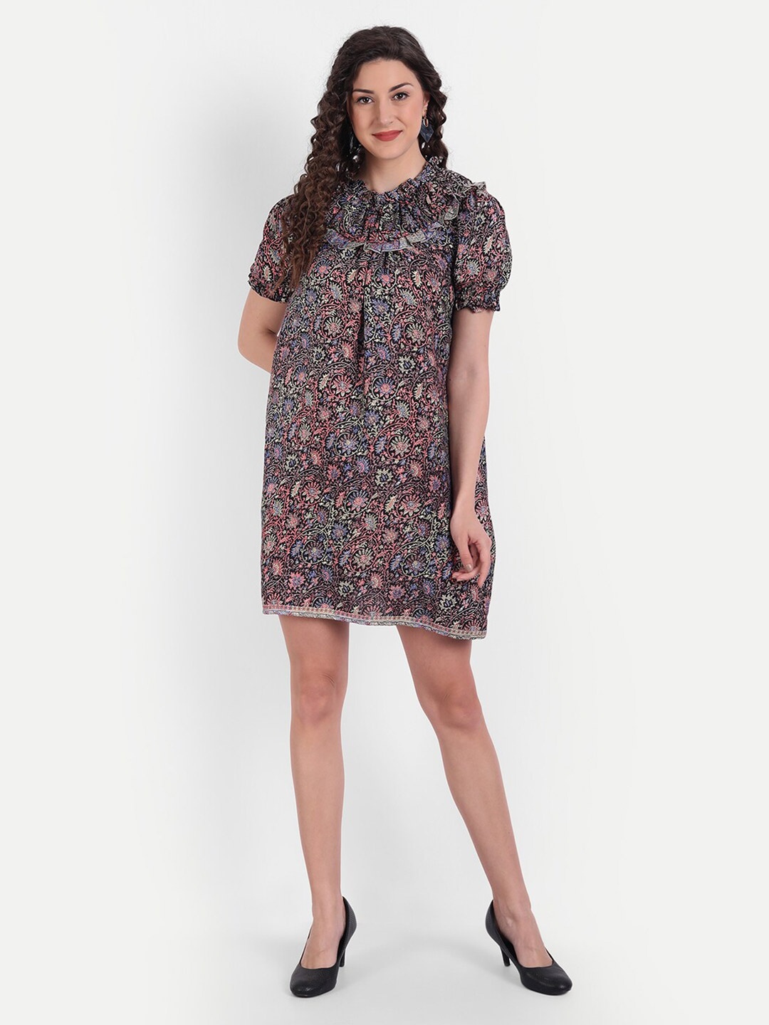 

MINGLAY Black Floral A-Line Dress