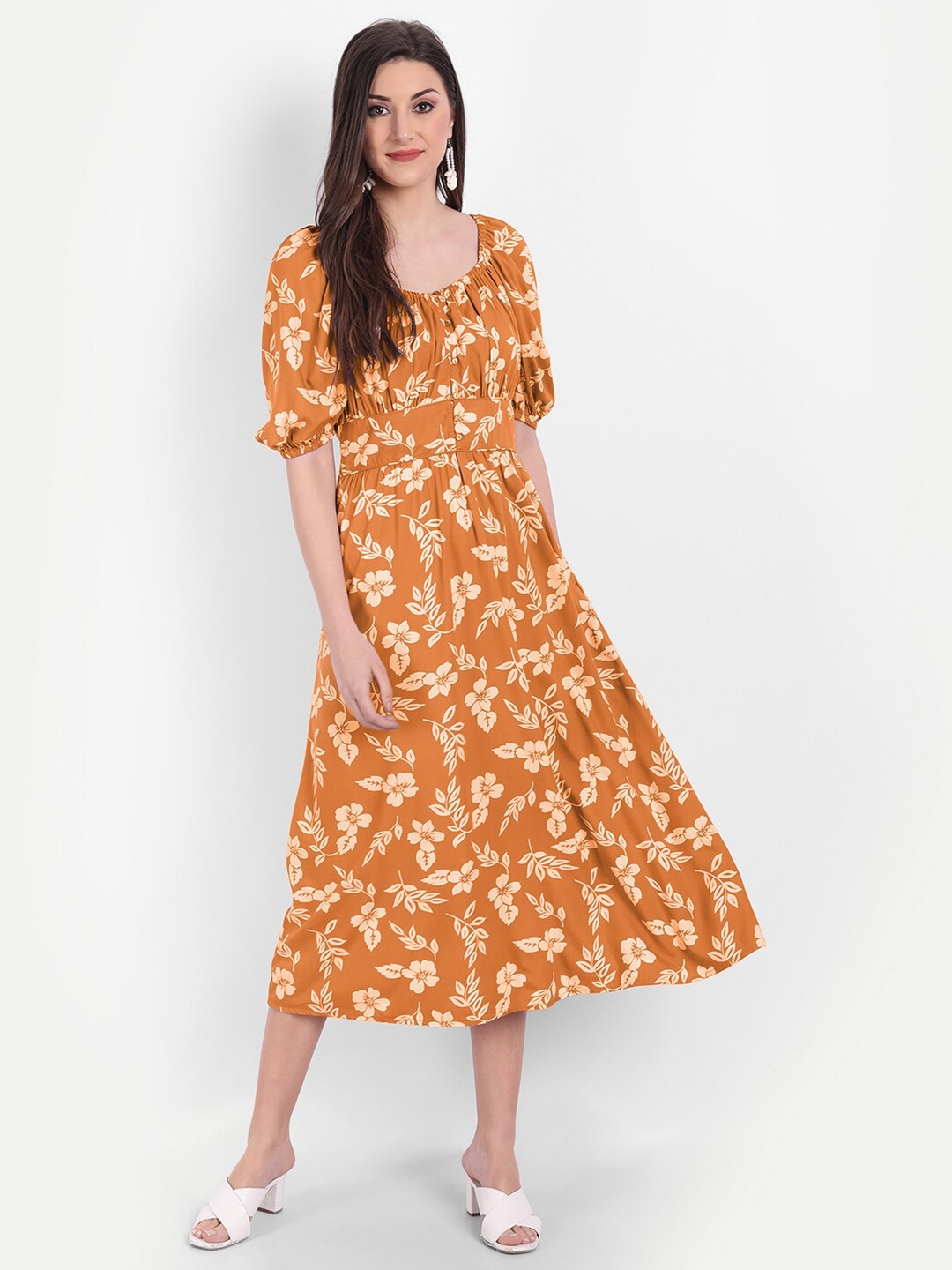 

MINGLAY Orange Floral A-Line Dress