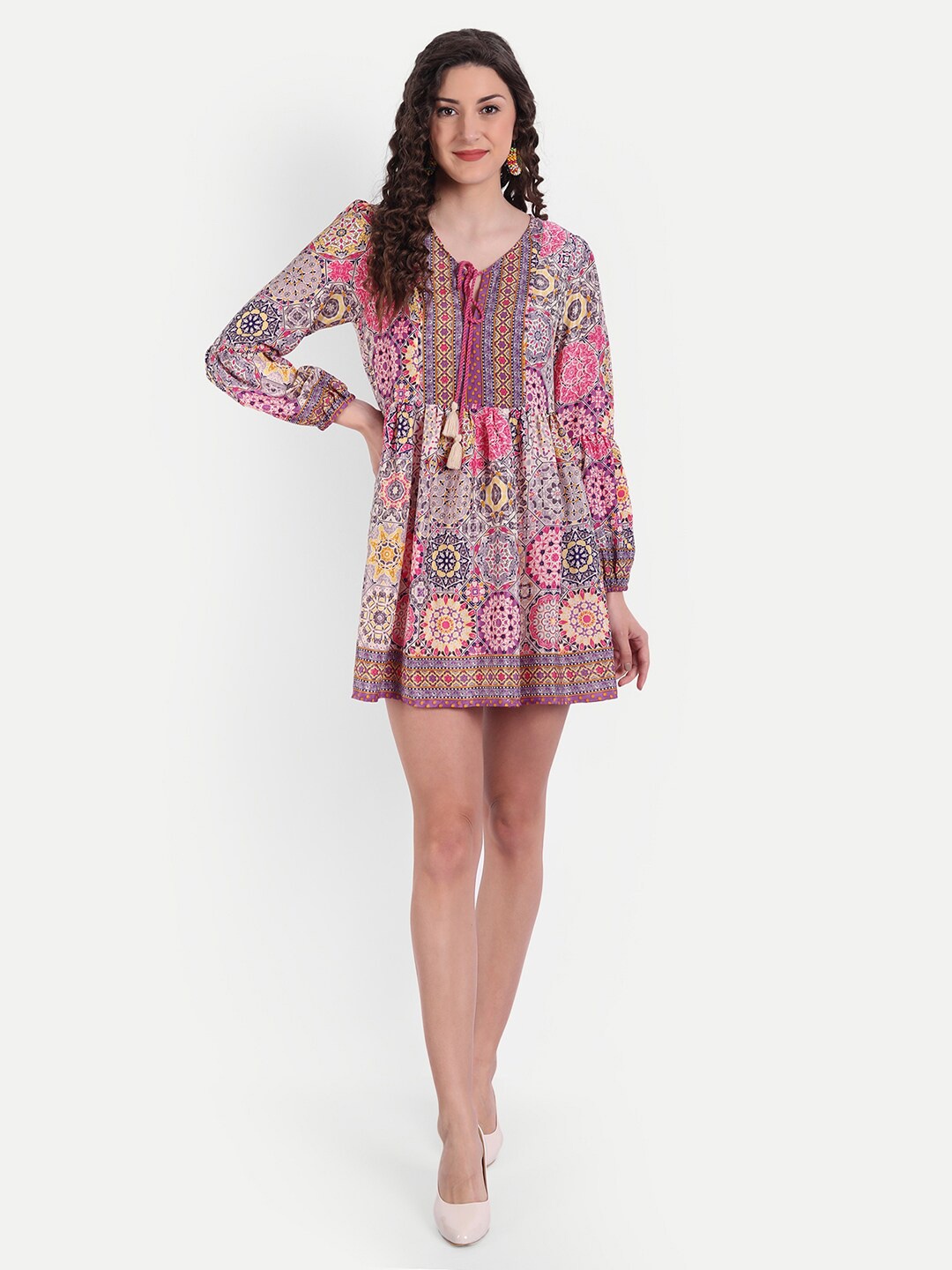 

MINGLAY Multicoloured Ethnic Motifs Crepe A-Line Dress, Multi