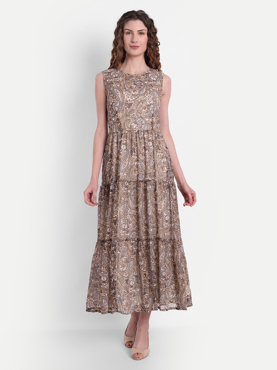 

MINGLAY Brown Ethnic Motifs Chiffon Dress