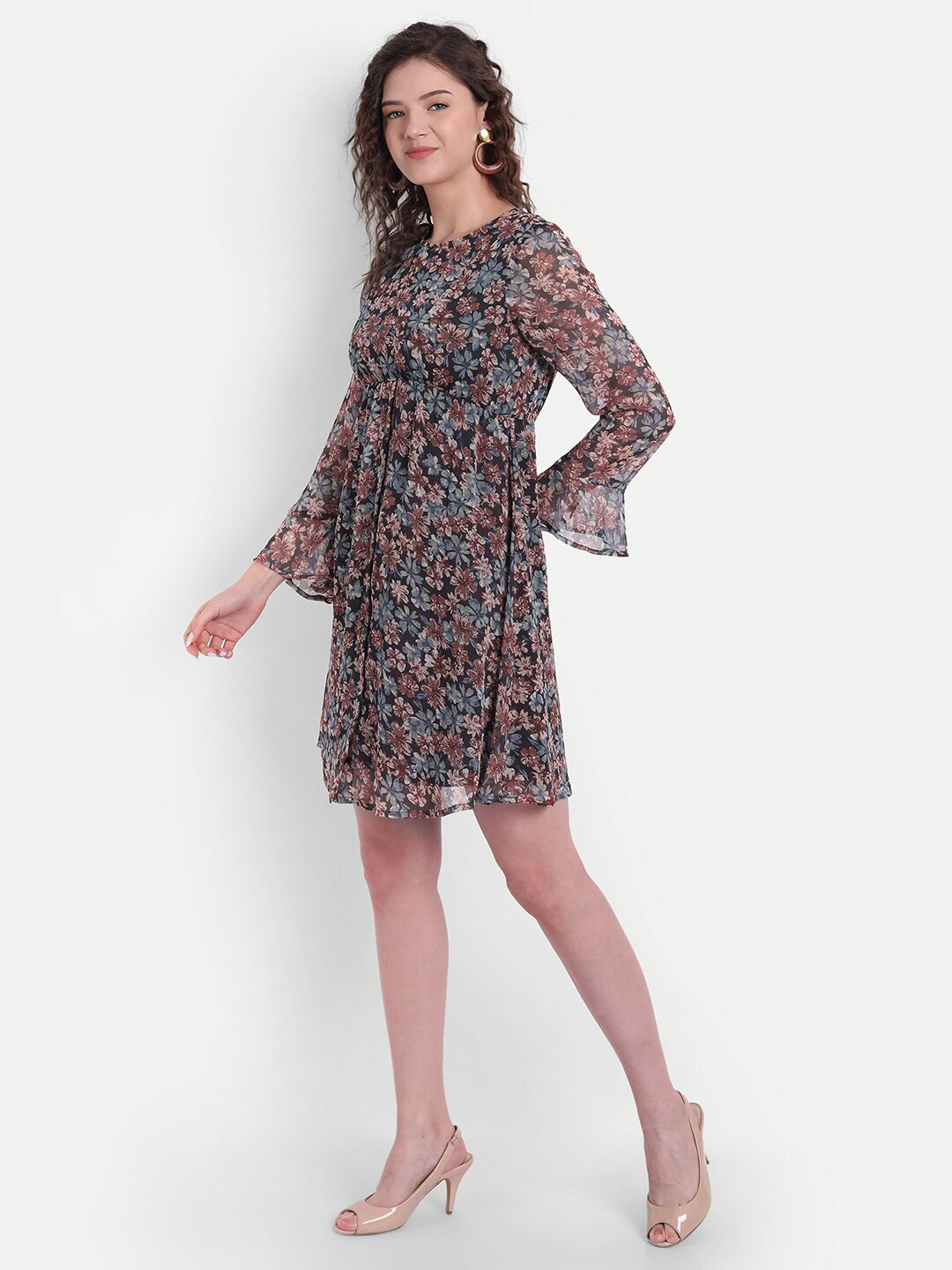 

MINGLAY Black Floral Chiffon A-Line Dress
