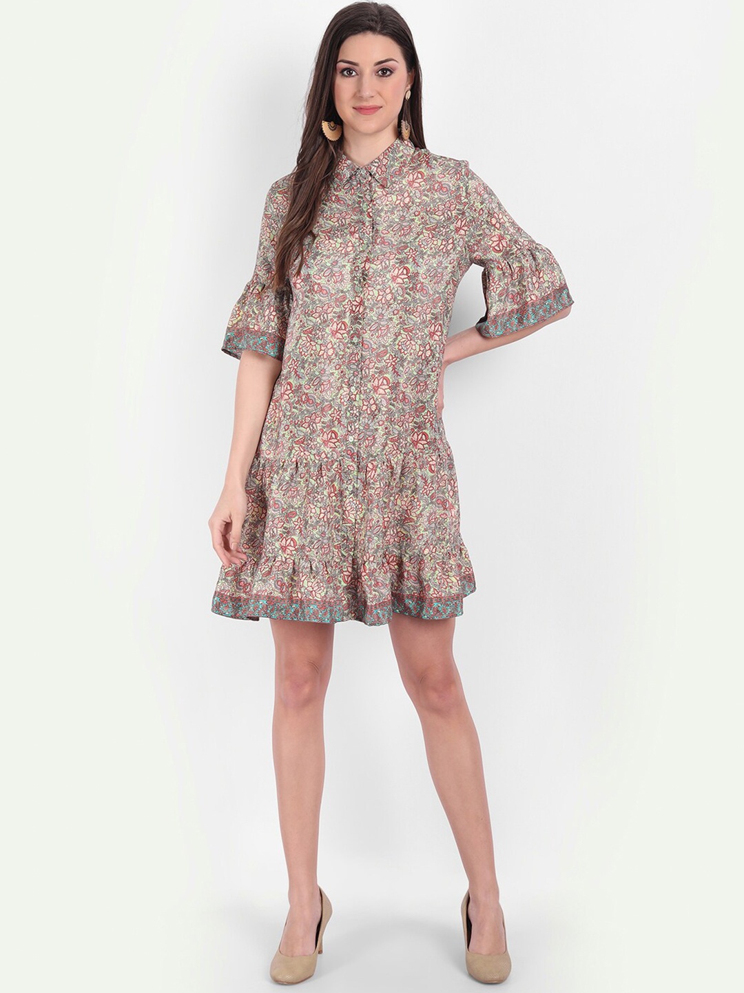 

MINGLAY Green Floral Shirt Dress