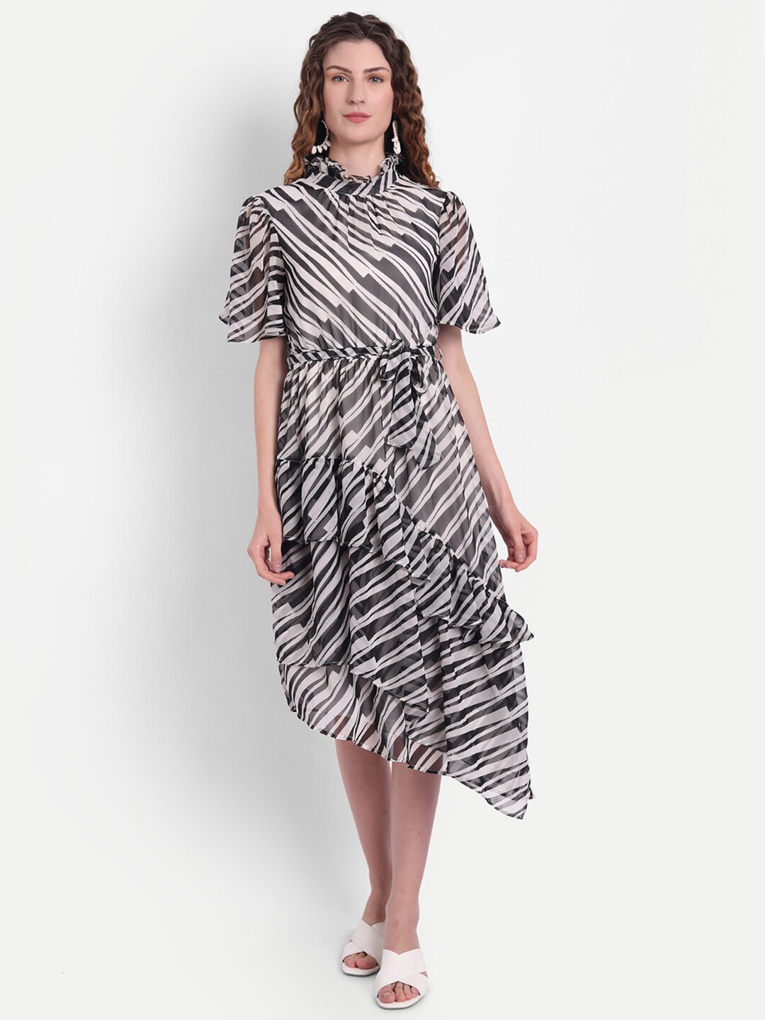 

MINGLAY White Striped Georgette Midi Dress