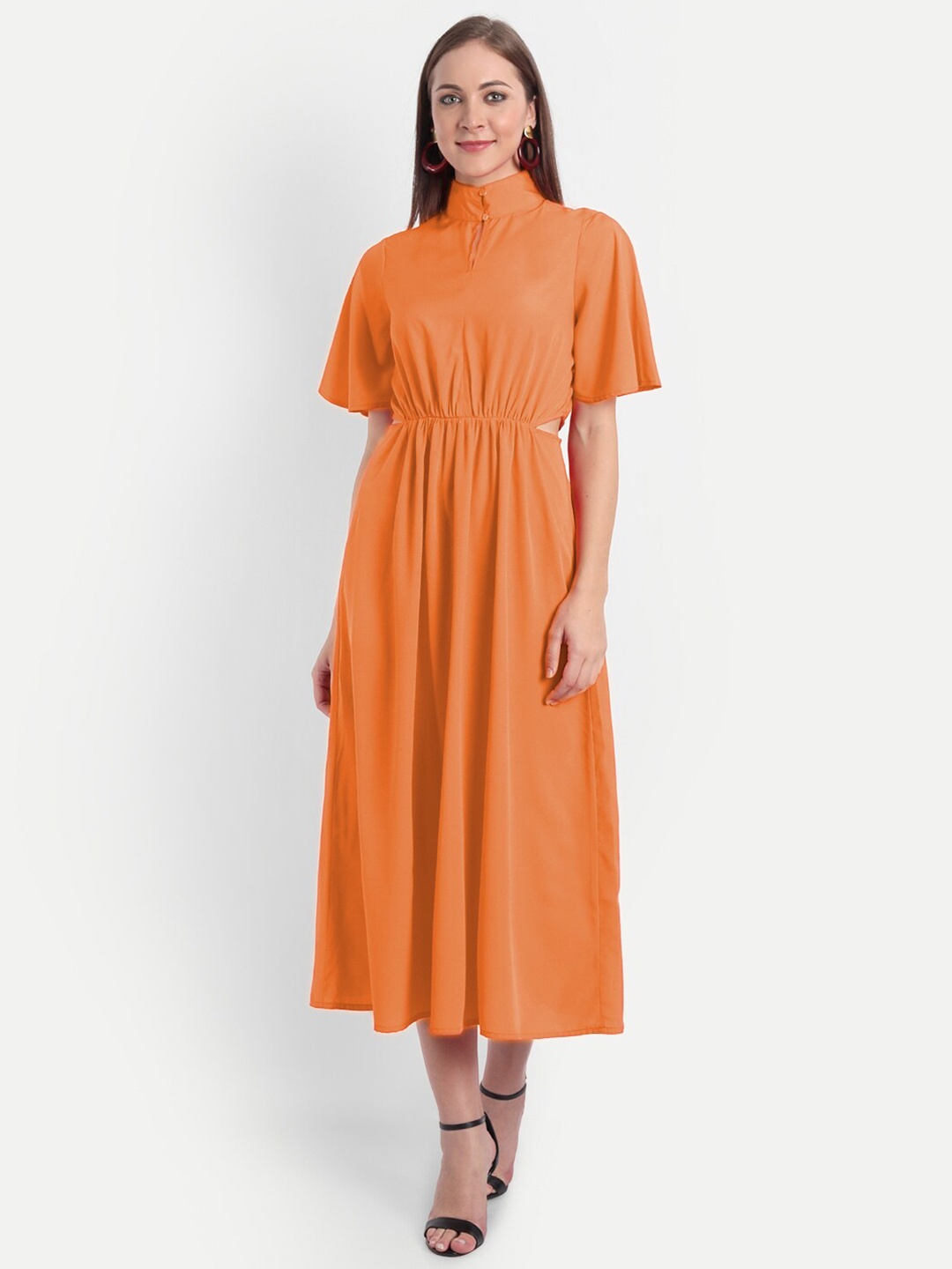 

MINGLAY Orange Crepe Shirt Midi Dress