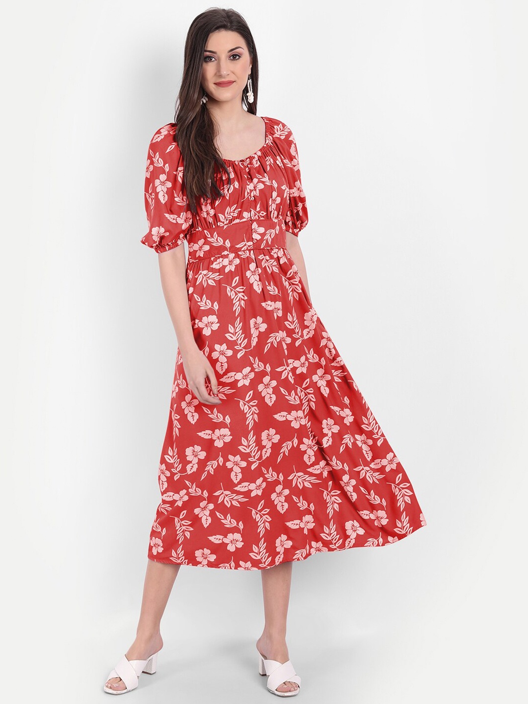 

MINGLAY Red Floral A-Line Dress
