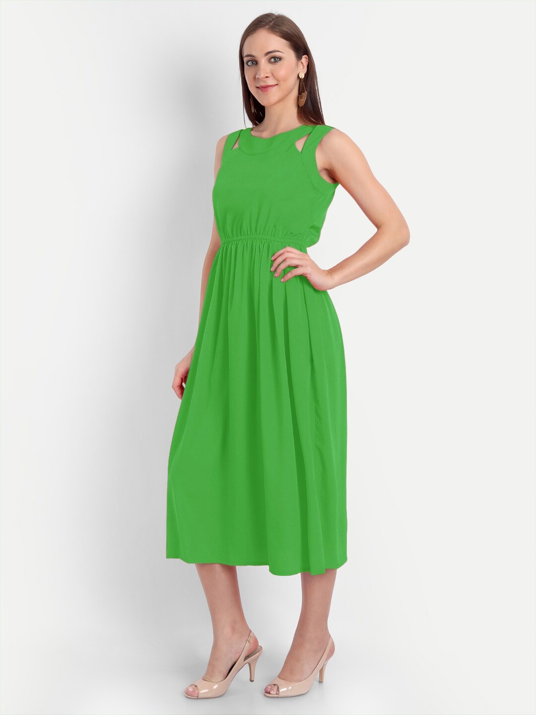 

MINGLAY Green Crepe A-Line Midi Dress