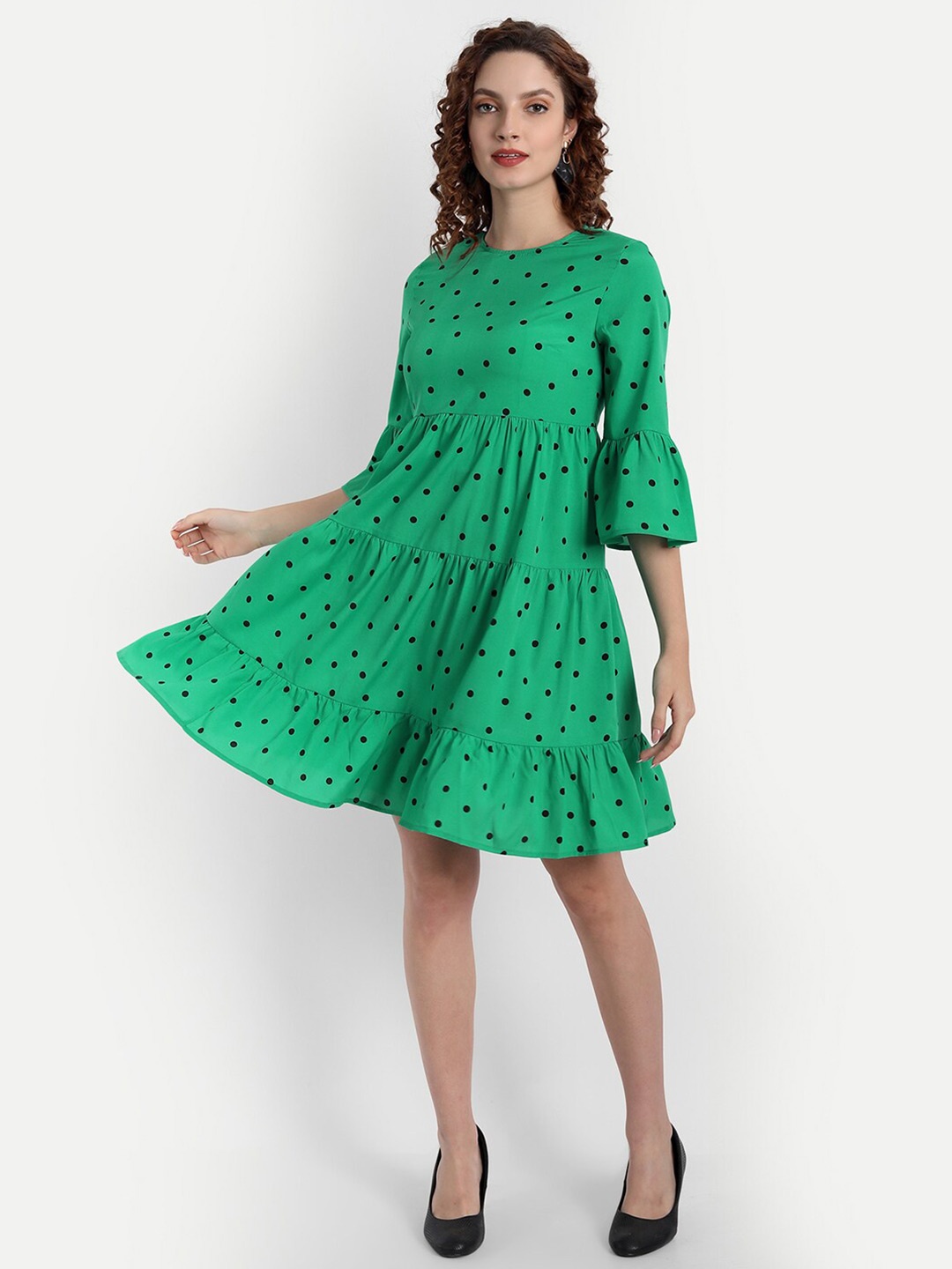 

MINGLAY Green Crepe A-Line Dress