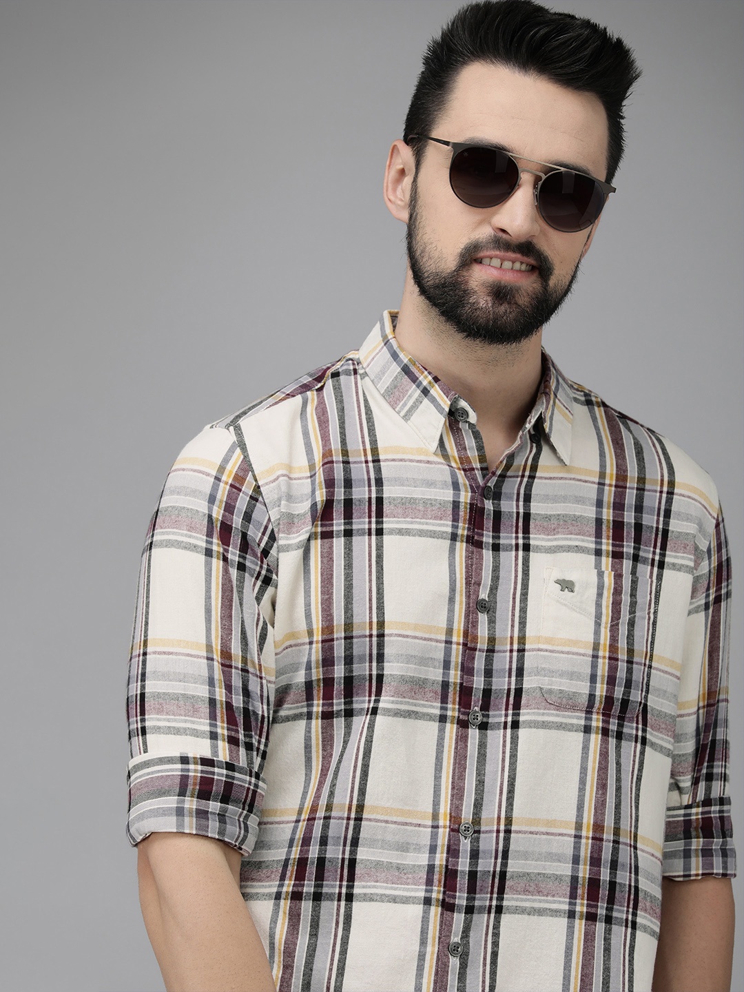 

THE BEAR HOUSE Men White & Purple Pure Cotton Slim Fit Checked Casual Flannel Shirt