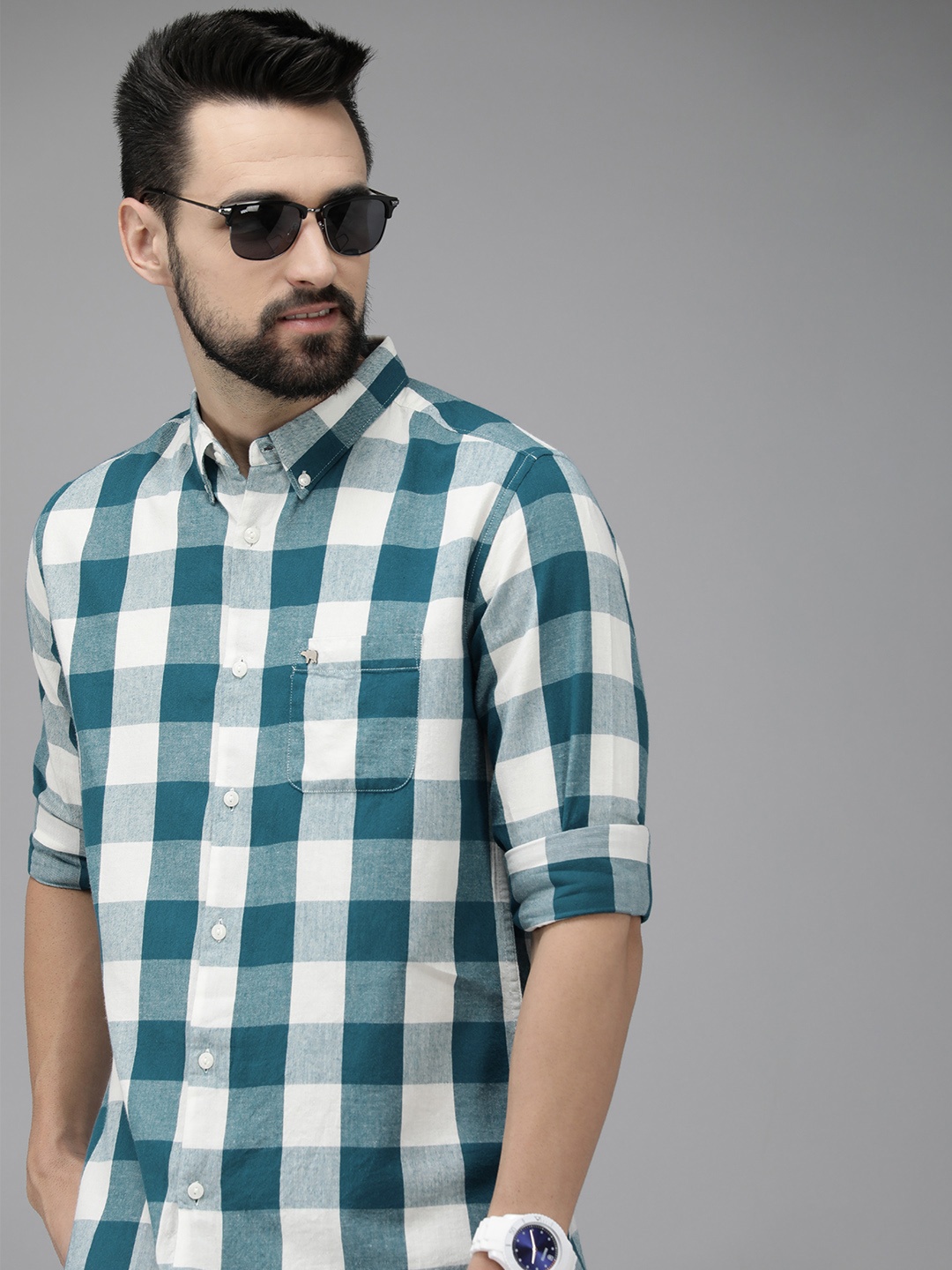THE BEAR HOUSE Men Teal Green Pure Cotton Checked Slim Fit Flannel Shirt