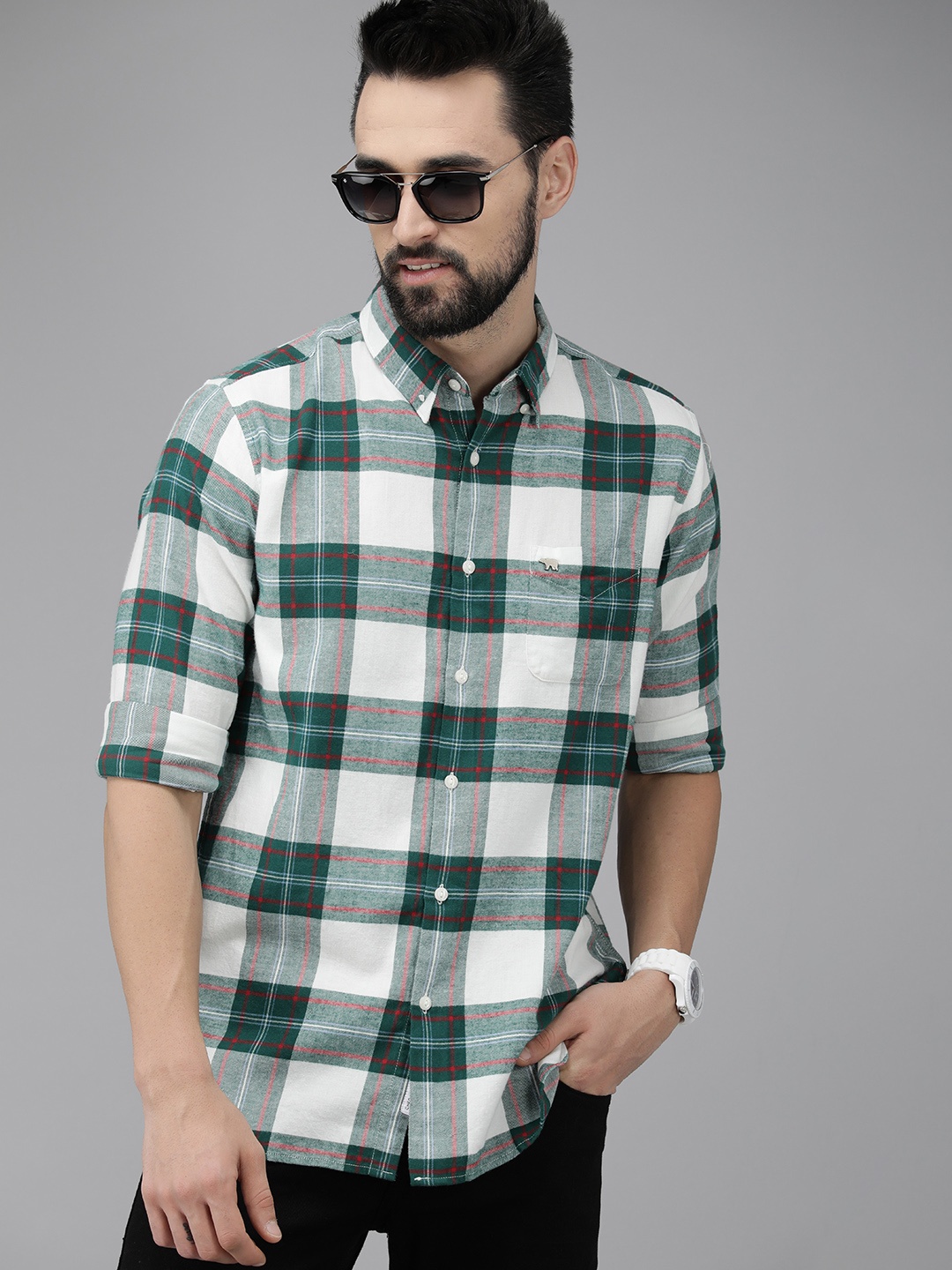 

THE BEAR HOUSE Men Green Pure 8Checked Slim Fit Flannel Casual Shirt