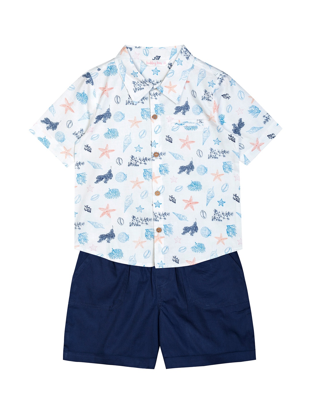 

Budding Bees Boys White & Blue Printed Shirt with Shorts