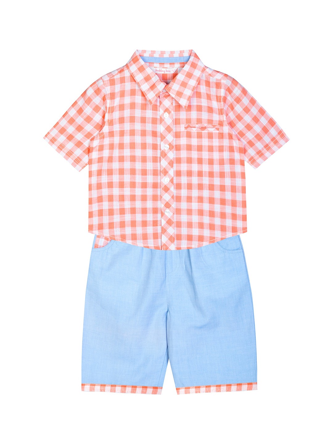 

Budding Bees Boys Orange & Blue Checked Shirt with Shorts