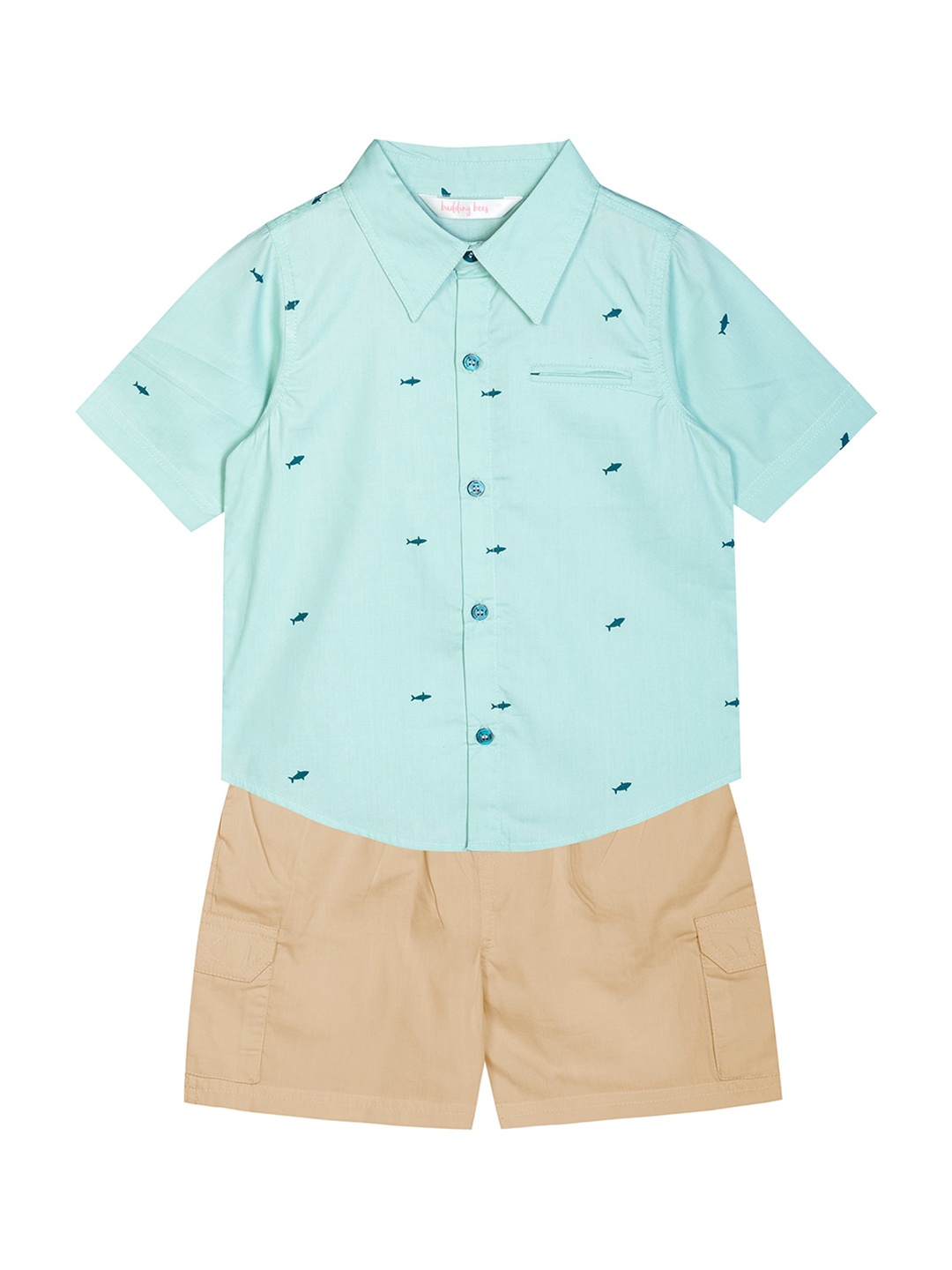 

Budding Bees Boys Sea Green & Brown Printed Pure Cotton Shirt with Shorts