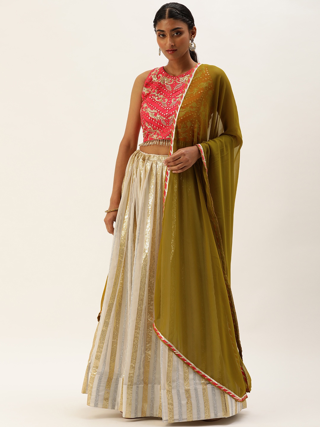 

LOOKNBOOK ART Off White & Pink Embellished Sequinned Semi-Stitched Lehenga Set