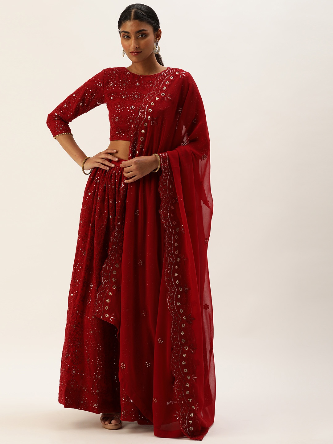 

LOOKNBOOK ART Red Embroidered Sequinned Semi-Stitched Lehenga Set