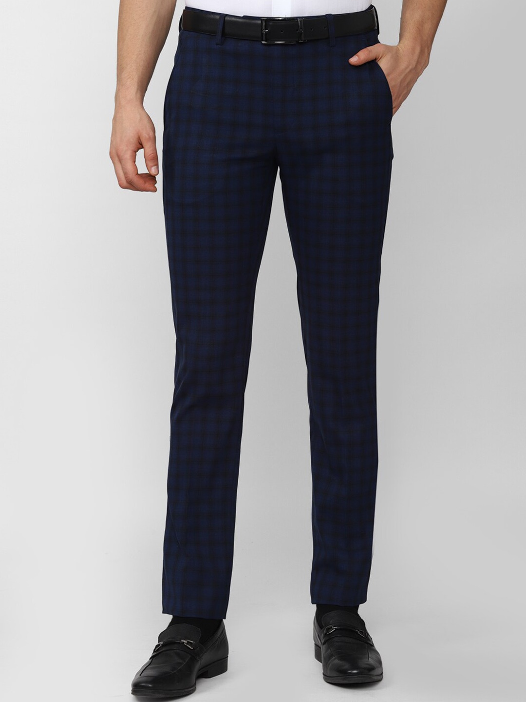 

Peter England Men Navy Blue Checked Slim Fit Trousers