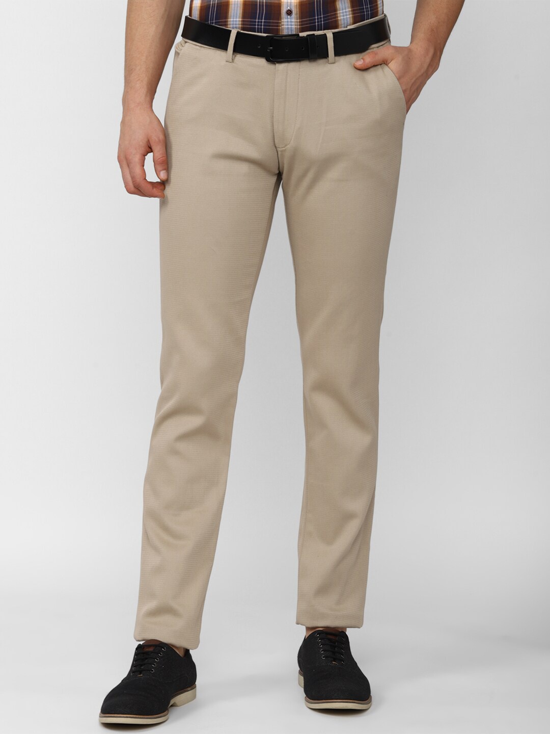 

Peter England Casuals Men Beige Textured Slim Fit Trousers