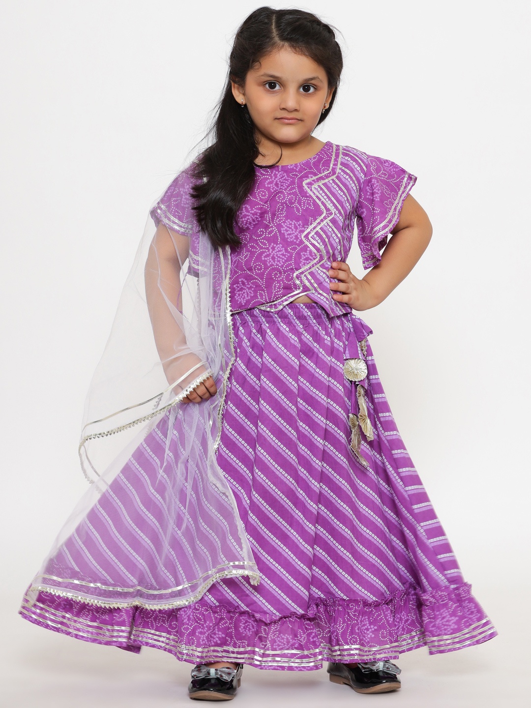 

Readiprint Fashions Girls Purple & White Printed Ready to Wear Lehenga & Blouse With Dupatta