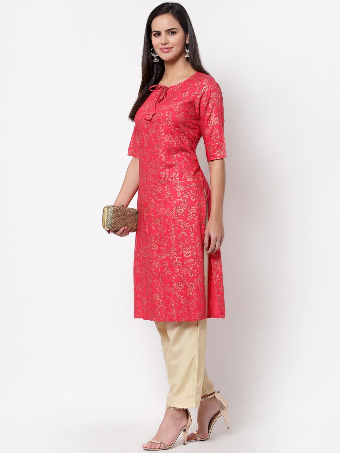 

Vastralay Women Pink Ethnic Motifs Printed Keyhole Neck Thread Work Kurta
