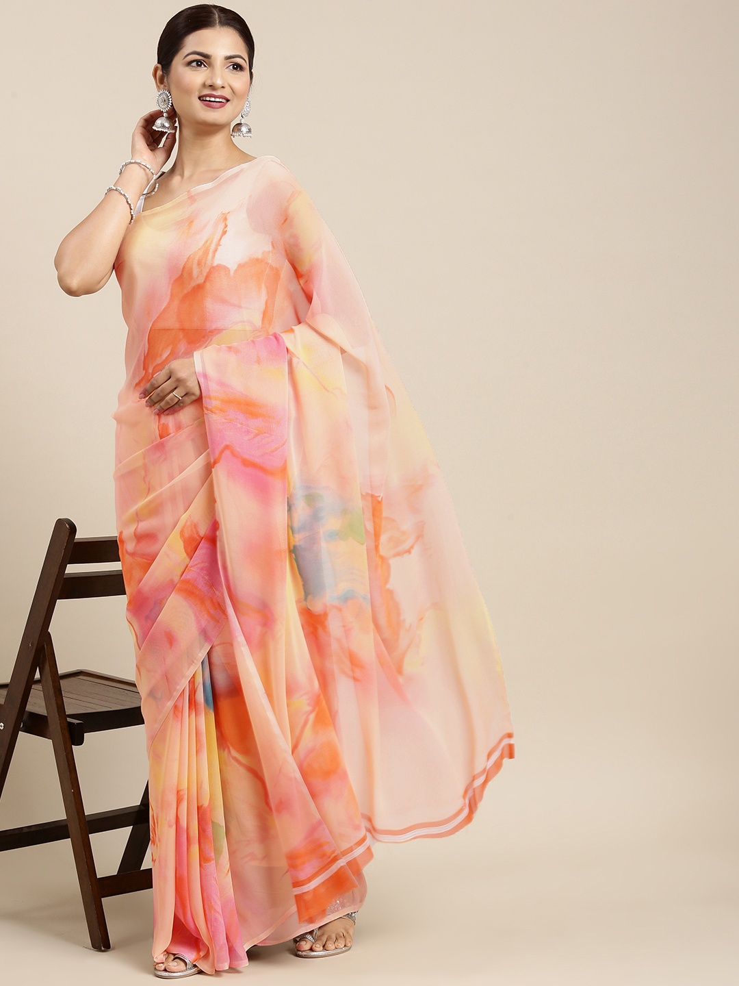 

PERFECTBLUE Orange Floral Printed Saree