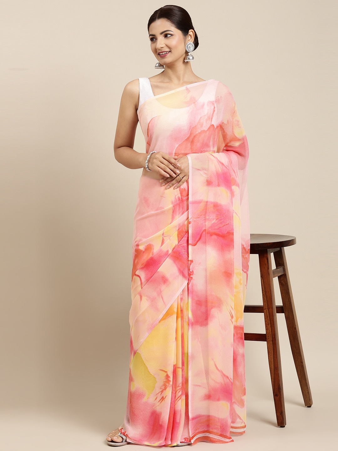 

PERFECTBLUE Pink Floral Printed Saree