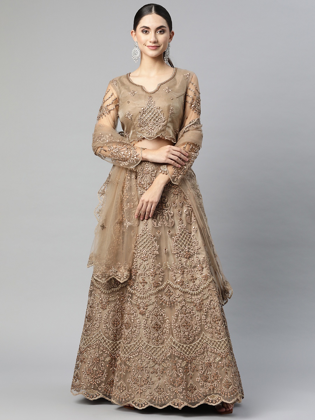 

Readiprint Fashions Brown Embroidered Thread Work Semi-Stitched Lehenga & Unstitched Blouse With Dupatta