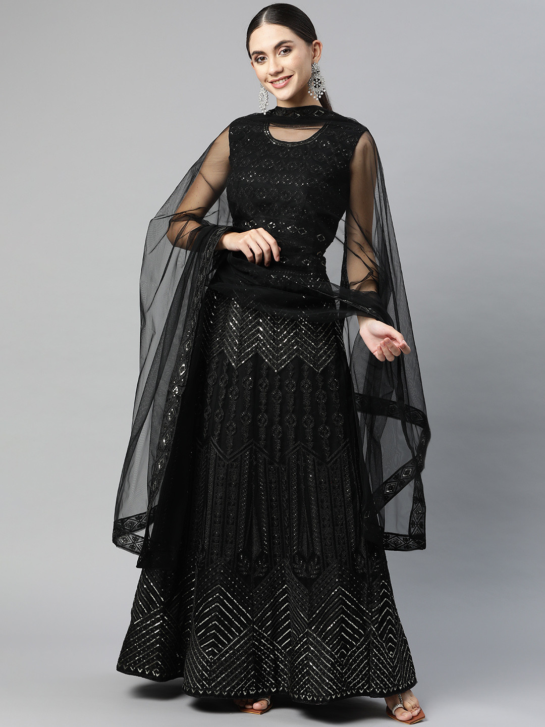 

Readiprint Fashions Black Embroidered Sequinned Semi-Stitched Lehenga & Unstitched Blouse With Dupatta