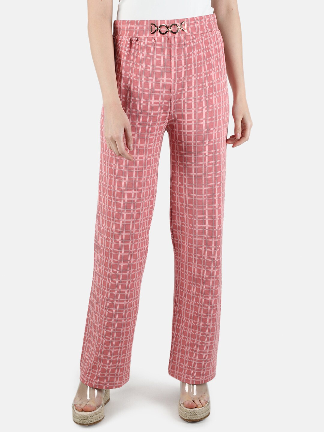 

Monte Carlo Women Peach-Colored Checked Treggings
