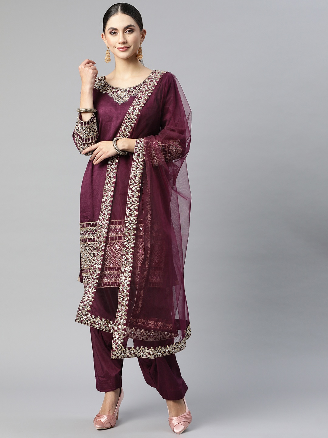 

Readiprint Fashions Women Burgundy Embroidered Art Silk Semi-Stitched Dress Material