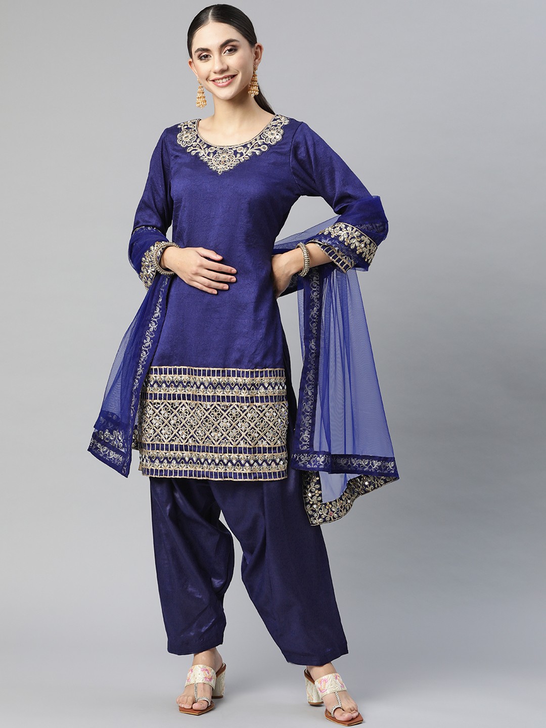 

Readiprint Fashions Navy Blue Embroidered Art Silk Semi-Stitched Dress Material