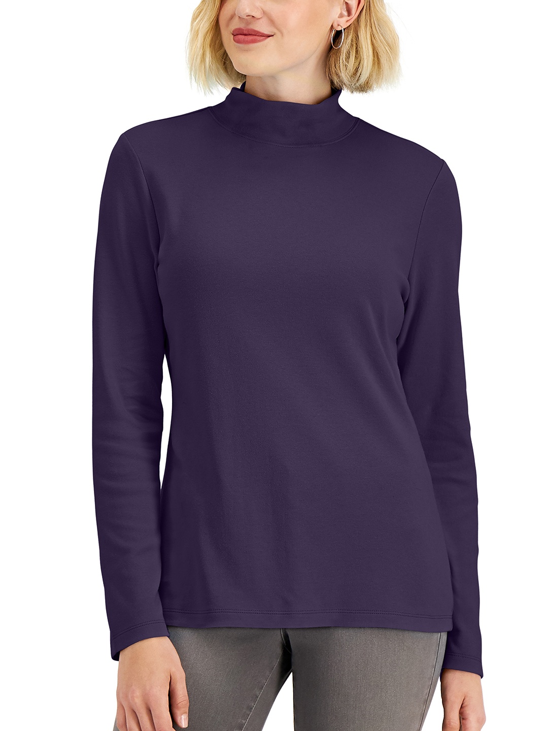 

Macy's Karen Scott Women Purple Solid Pure Cotton High-Neck Top