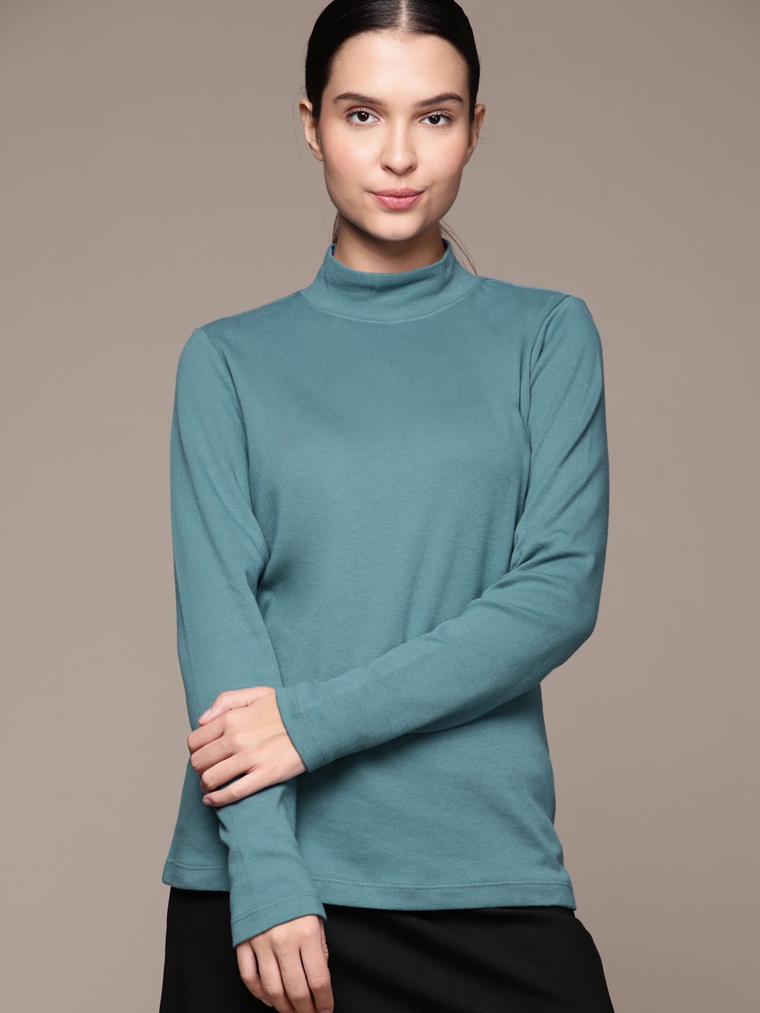 

Macy's Karen Scott Women Green Solid Pure Cotton High-Neck Top