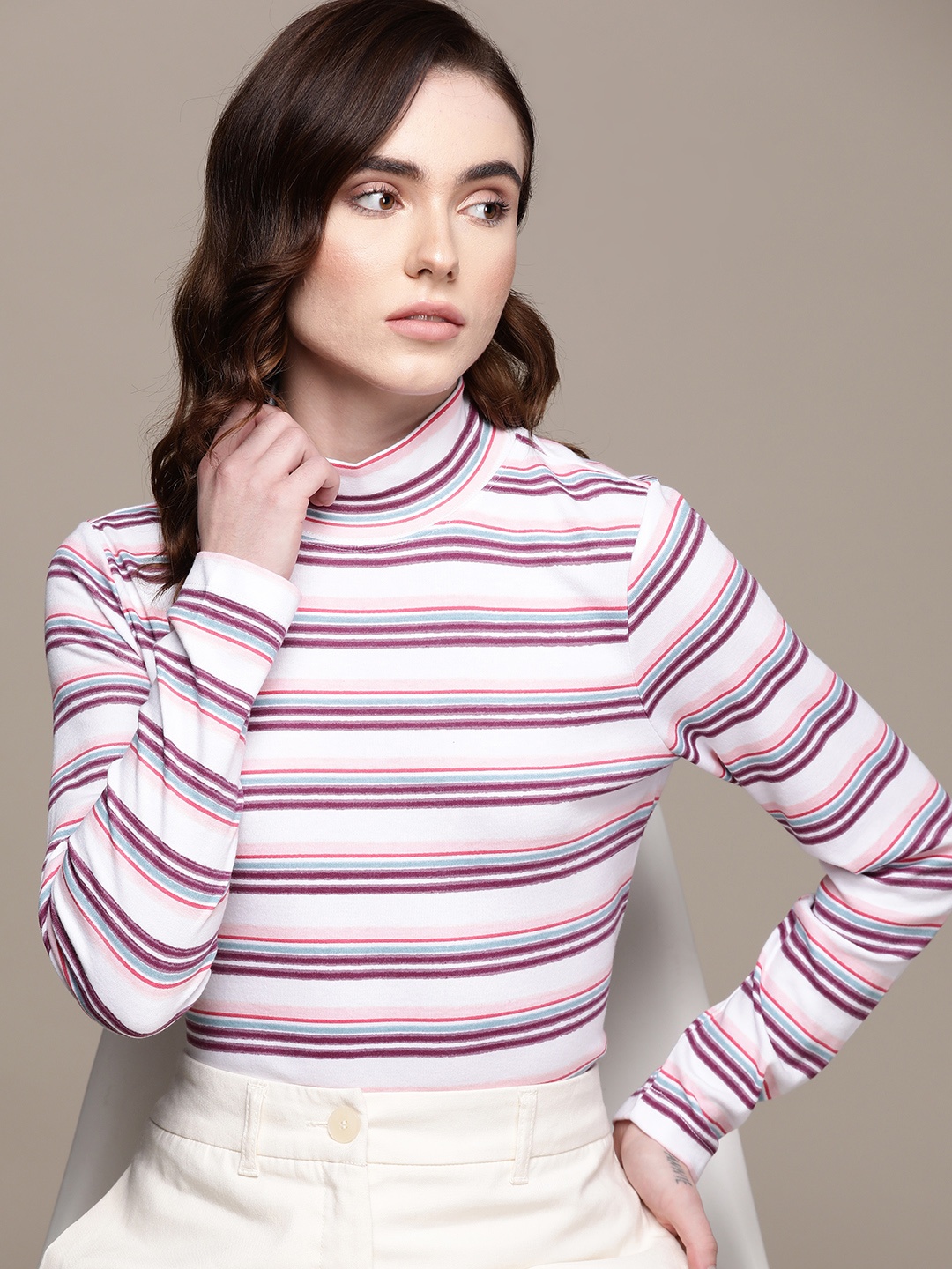 

Macy's Karen Scott Women White & Pink Striped High-Neck Regular Top
