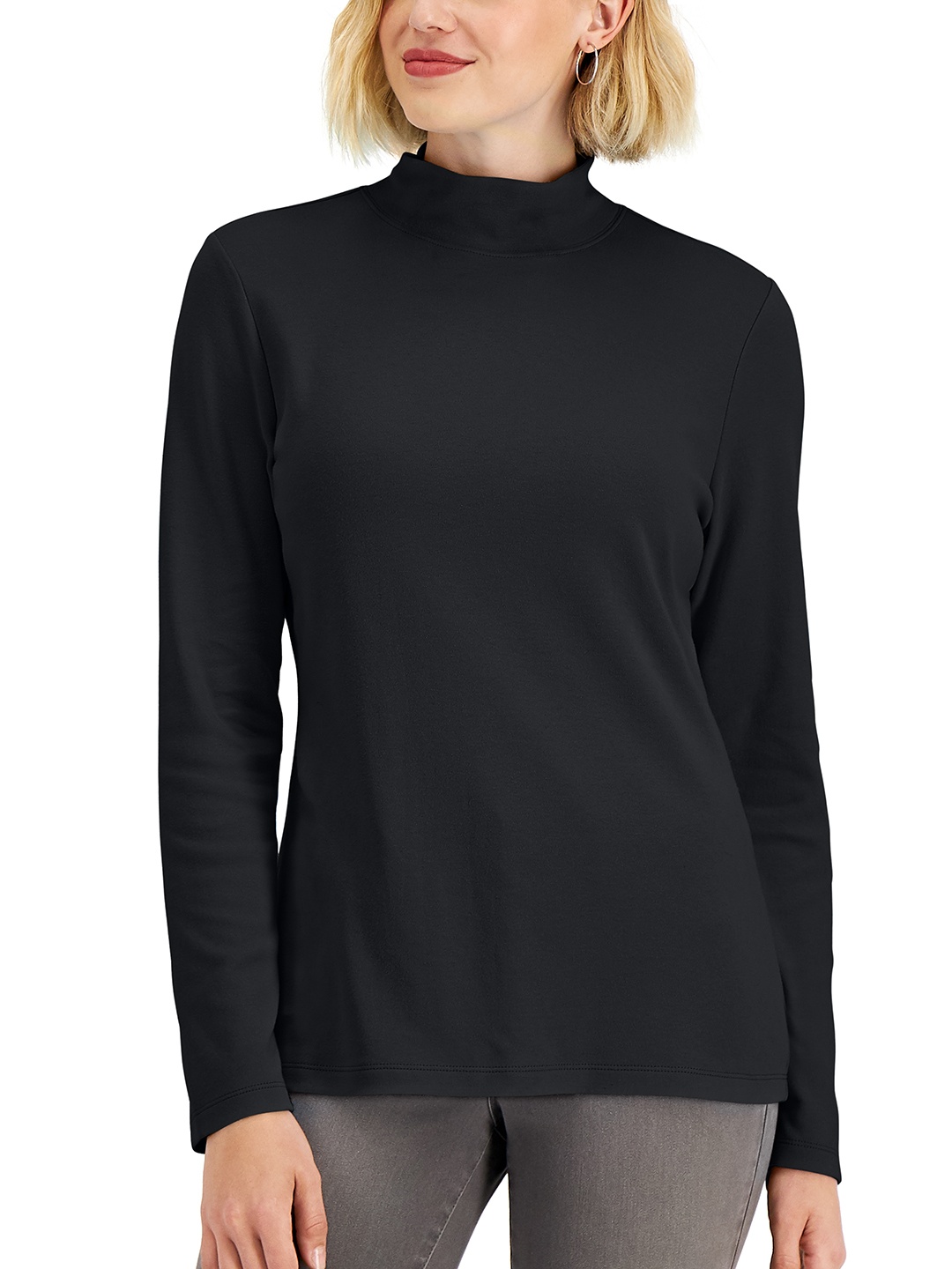 

Macy's Karen Scott Women Black Solid Pure Cotton High-Neck Top