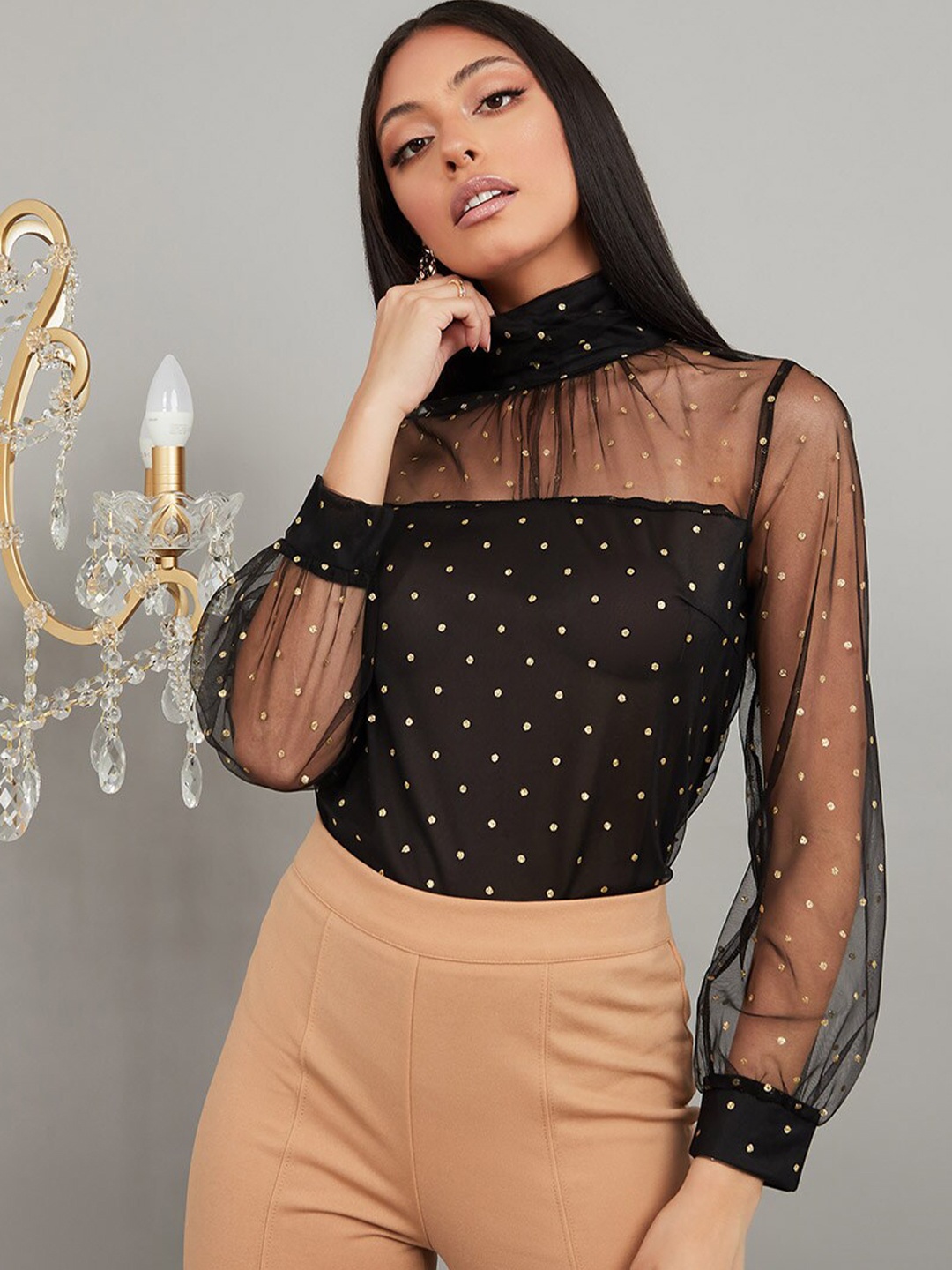 

Styli Black Embellished High Neck Mesh Long Sleeves Knit Top