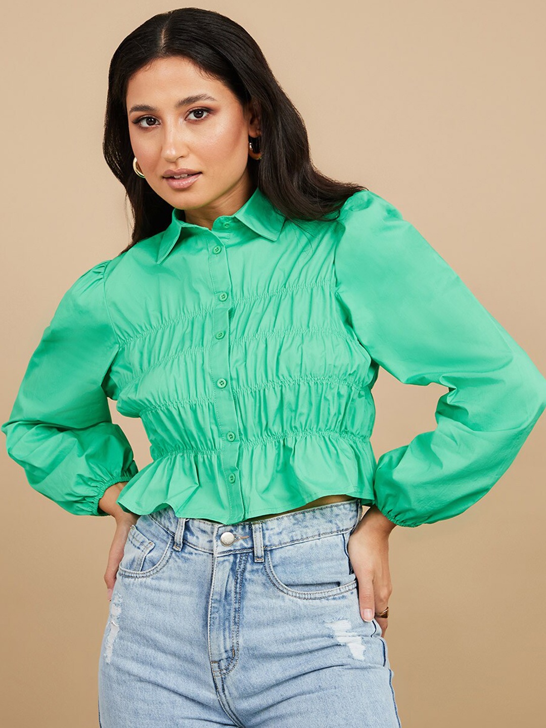 

Styli Green Long Sleeves Collared Smocked Detail Shirt