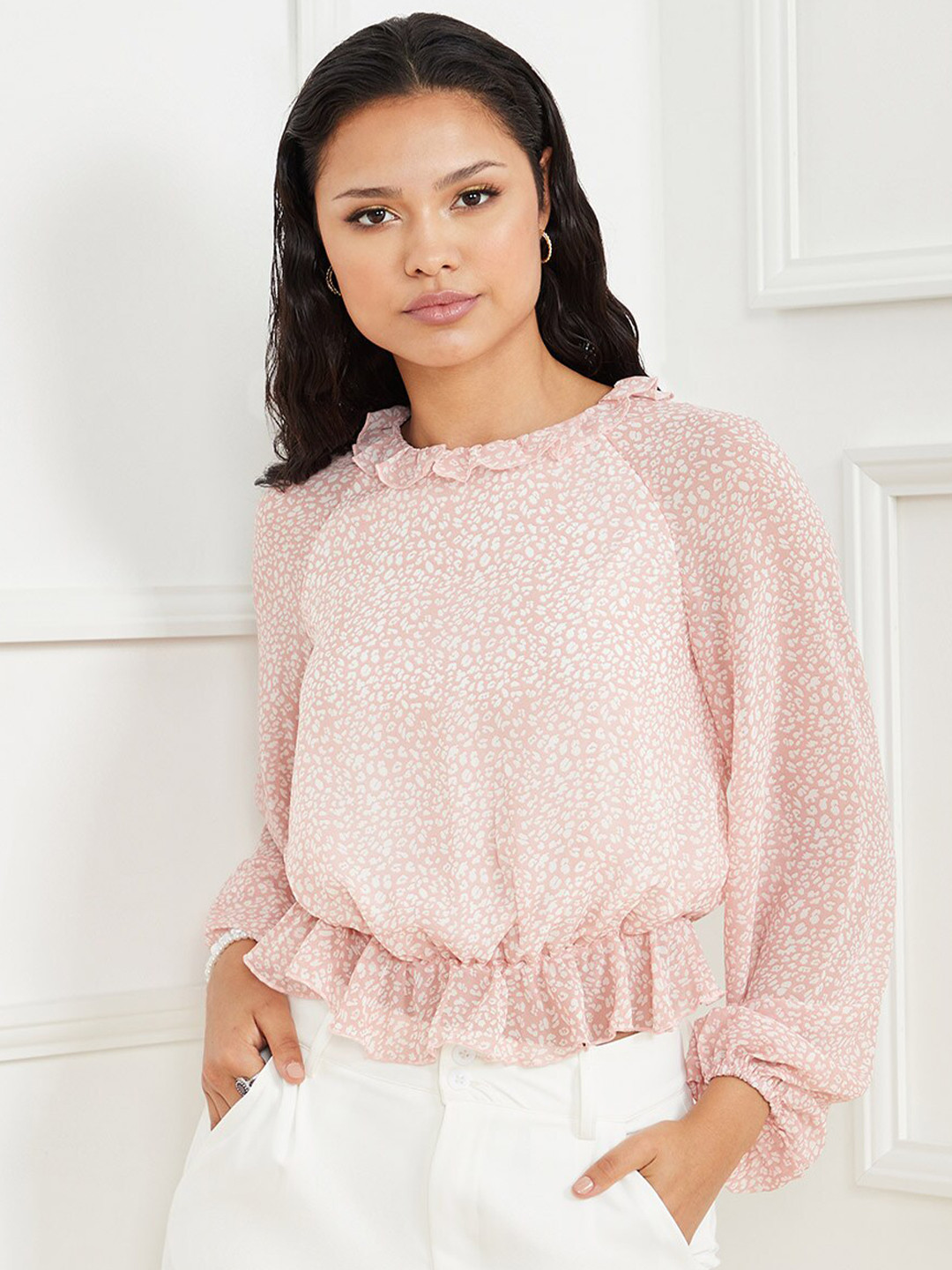 

Styli Pink Long Volume Sleeves Ditsy Print Blouse