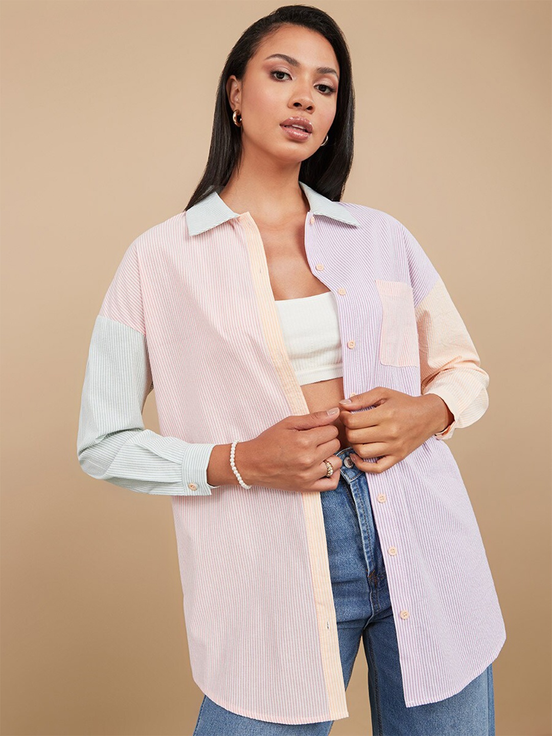 

Styli Multicoloured Pinstripe Colorblock Oversized Longline Shirt, Multi