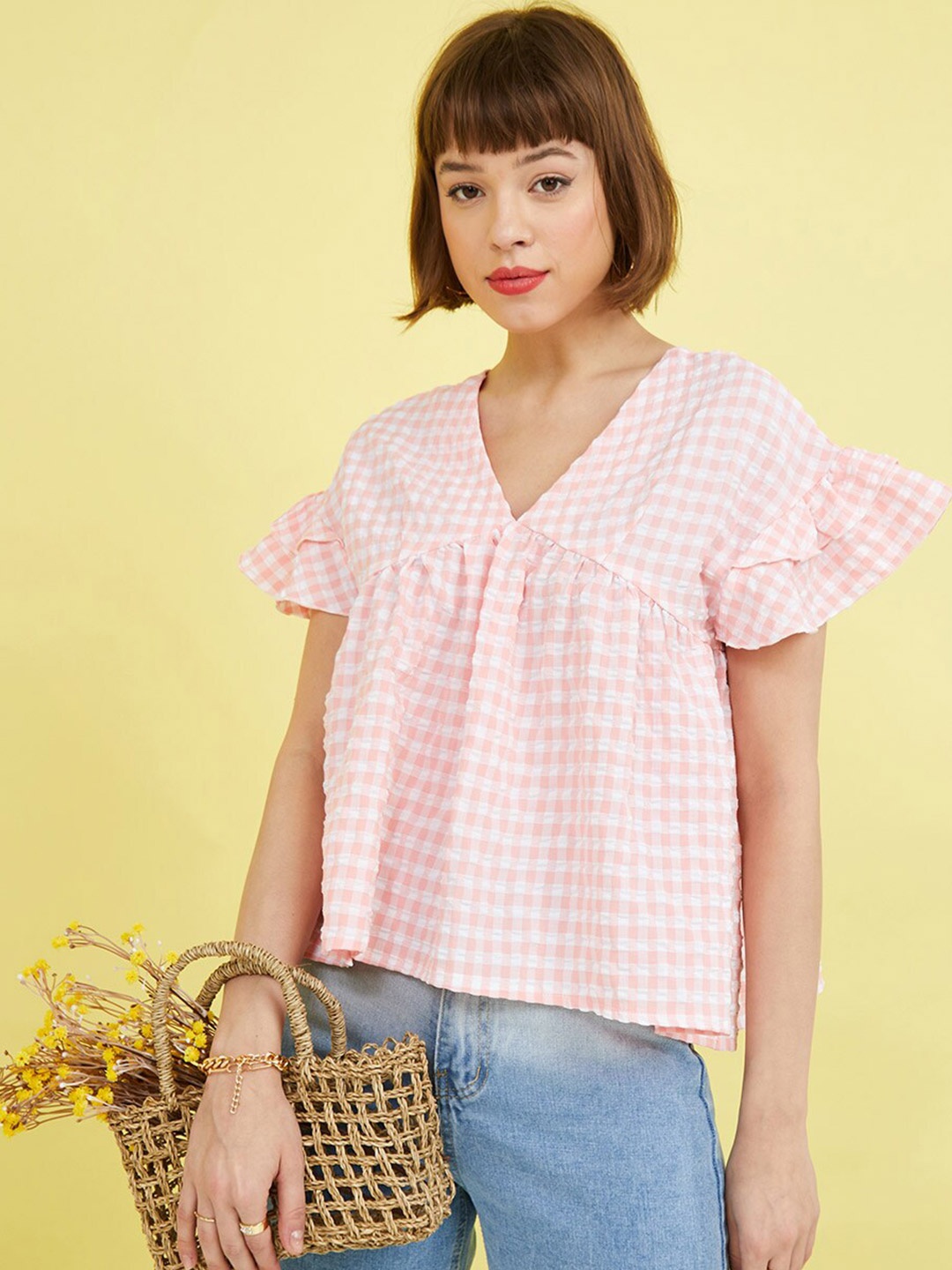 

Styli Pink Frill Gingham Check V Neck Blouse