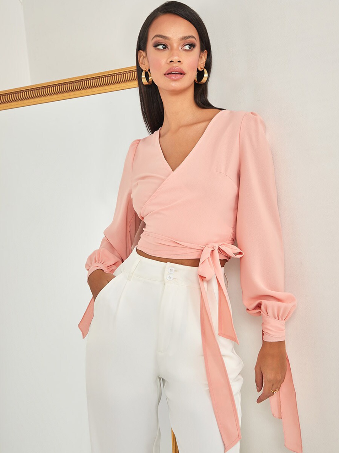 

Styli Orange Tie Cuff Long Sleeves Wrap Top