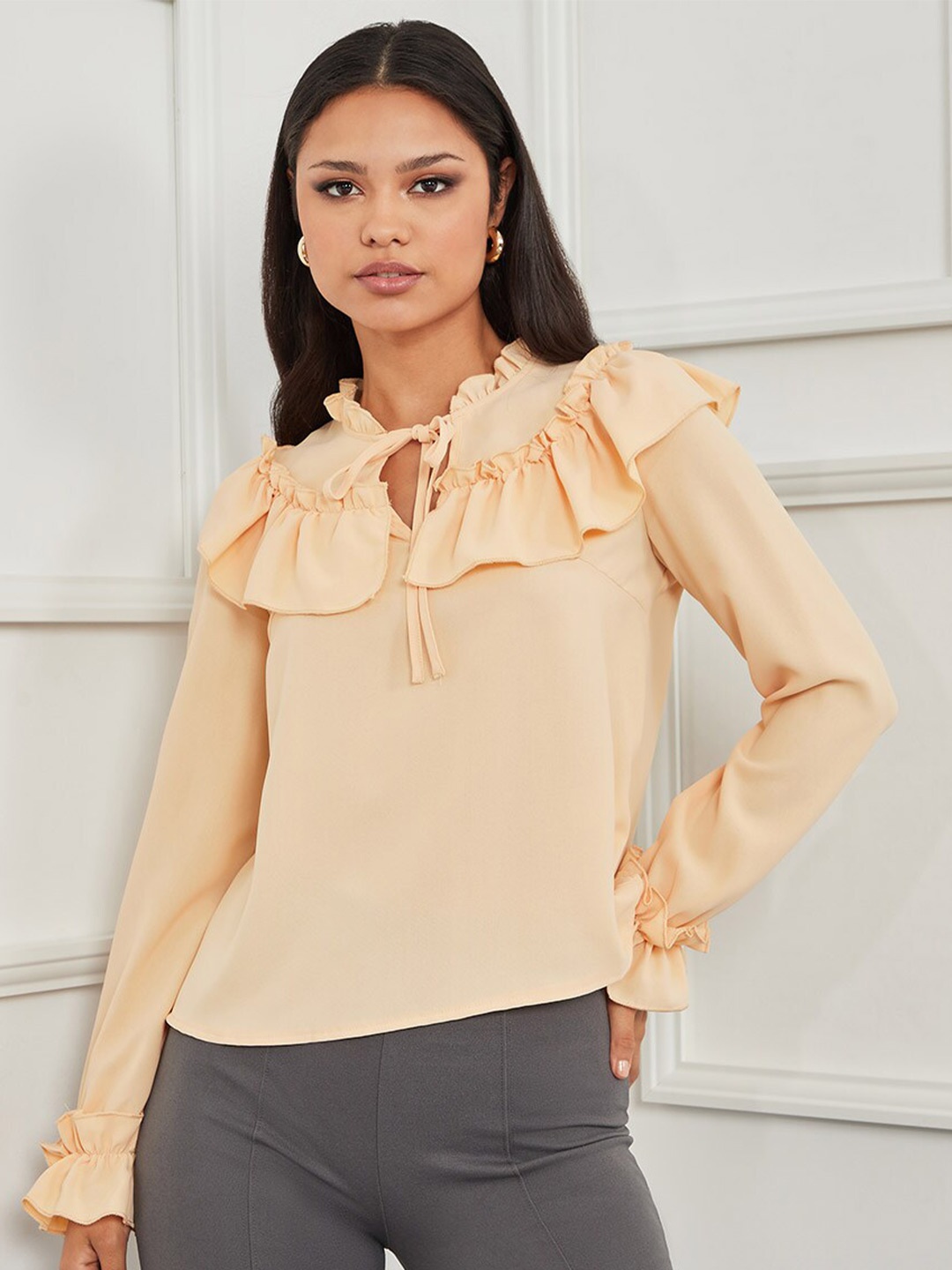 

Styli Nude-Coloured Long Sleeves Ruffled Tie Up Neck Blouse