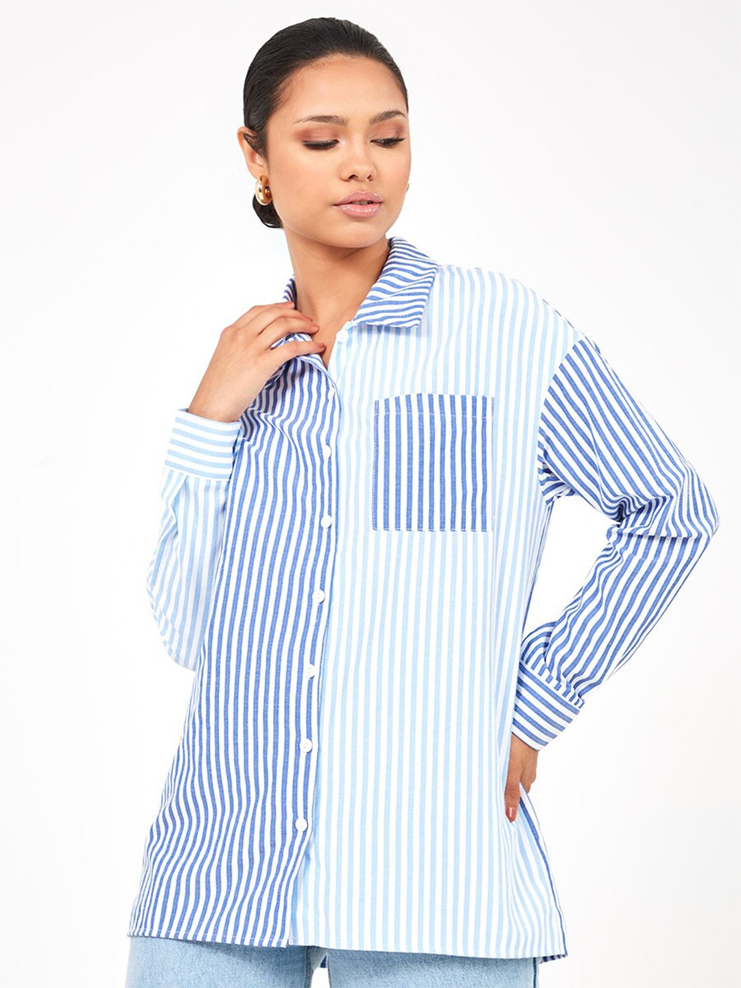

Styli Blue Long Sleeves Pinstripe Shirt with Patch Pocket