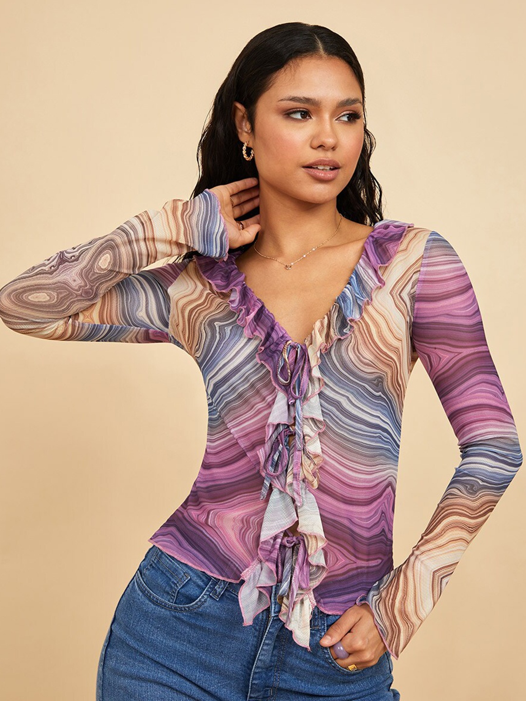 

Styli Multicoloured Long Sleeves Marbled Print Mesh Top with Ruffle Detail, Multi
