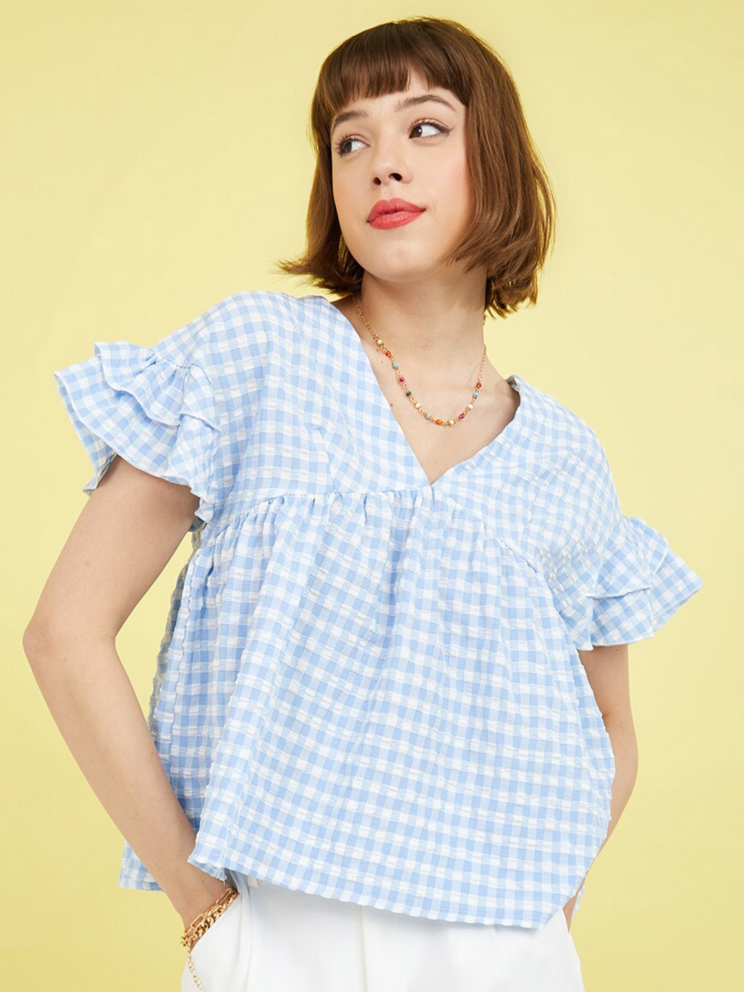 

Styli Blue Frill Short Sleeves Gingham Check V Neck Blouse