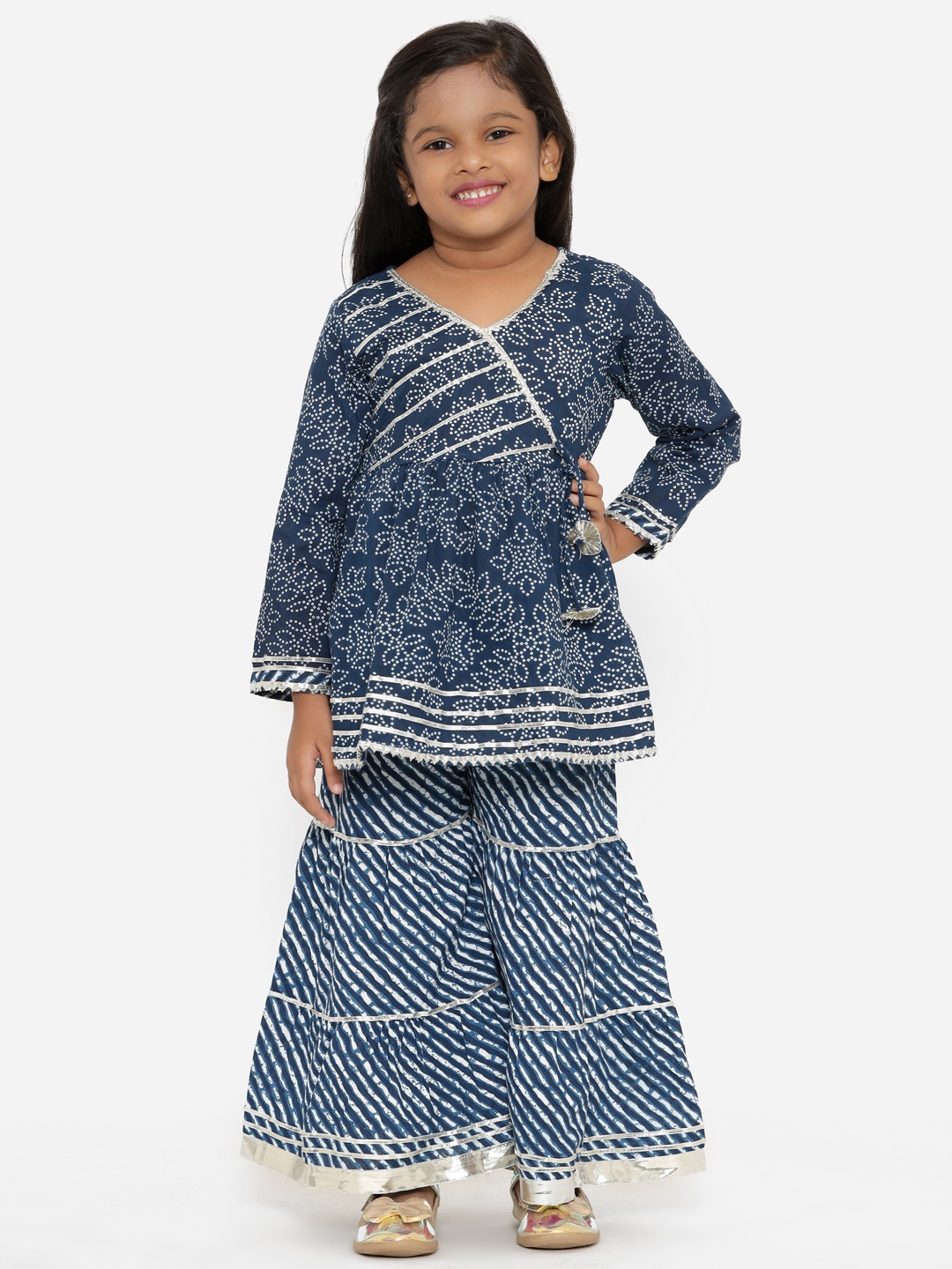 

Readiprint Girls Blue Bandhani Printed Angrakha Gotta Patti Pure Cotton Kurti with Sharara