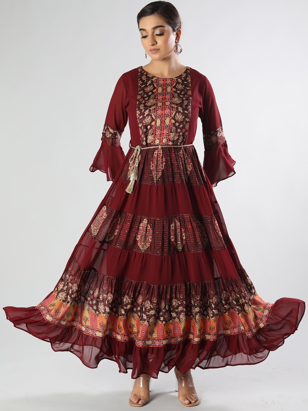

taruni Women Maroon & Beige Ethnic Motifs Printed Bell Sleeves Tiering A-line Kurta