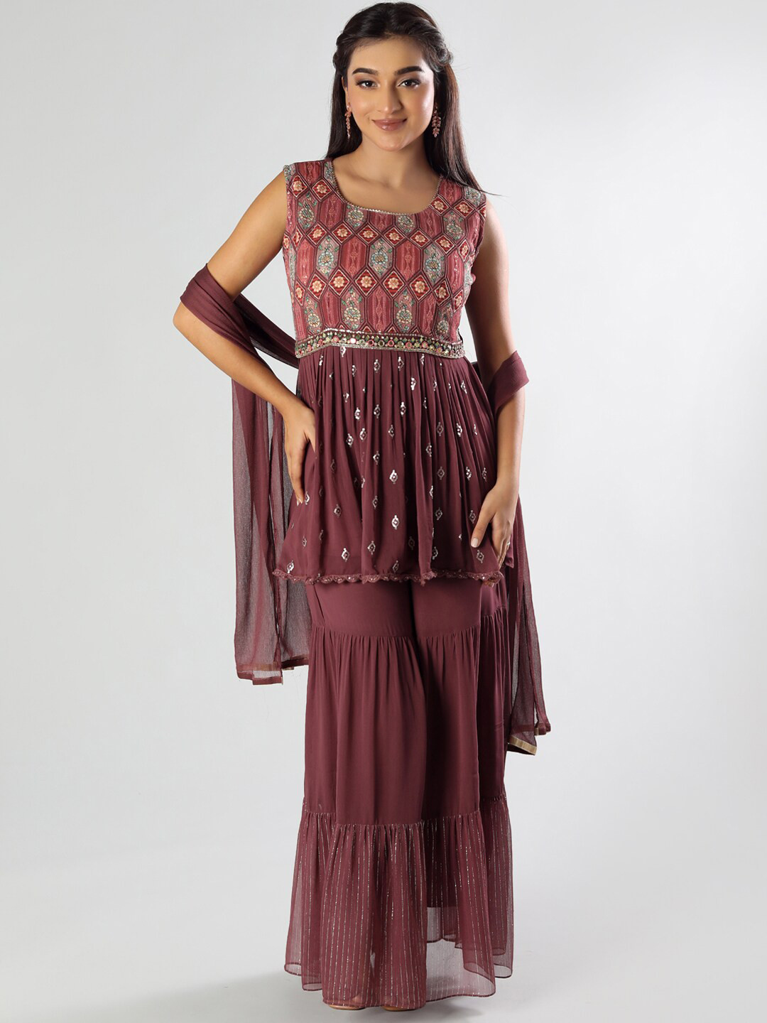 

taruni Women Violet Floral Embroidered Pleated Silk Georgette Kurti with Sharara & With Dupatta